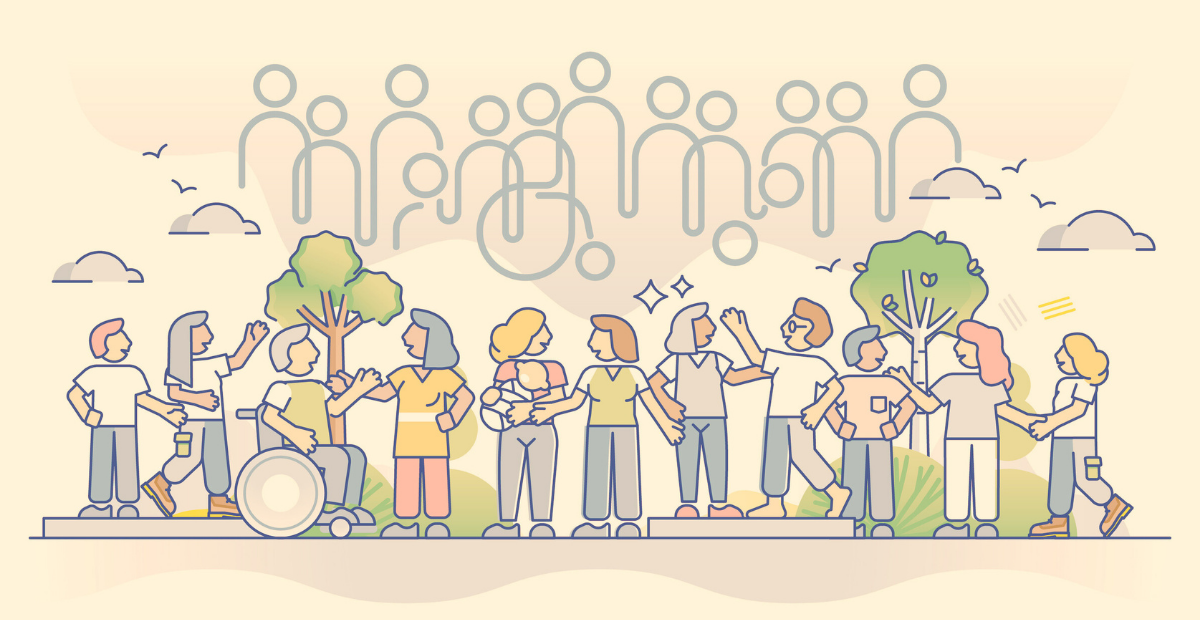 Vector graphic of people in a line laughing and talking with a drawing of interconnected lines and circles above them in the sky