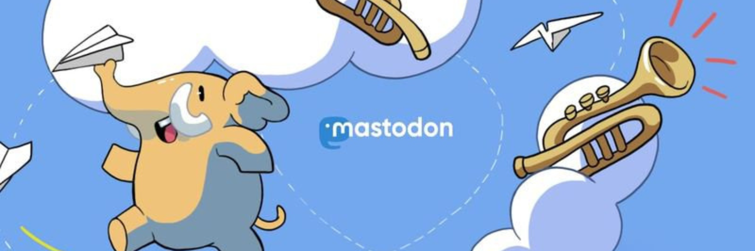 Mastodon's cartoon elephant mascot tossing a paper airplane, surrounded by clouds, trumpets, and paper planes on a blue background.