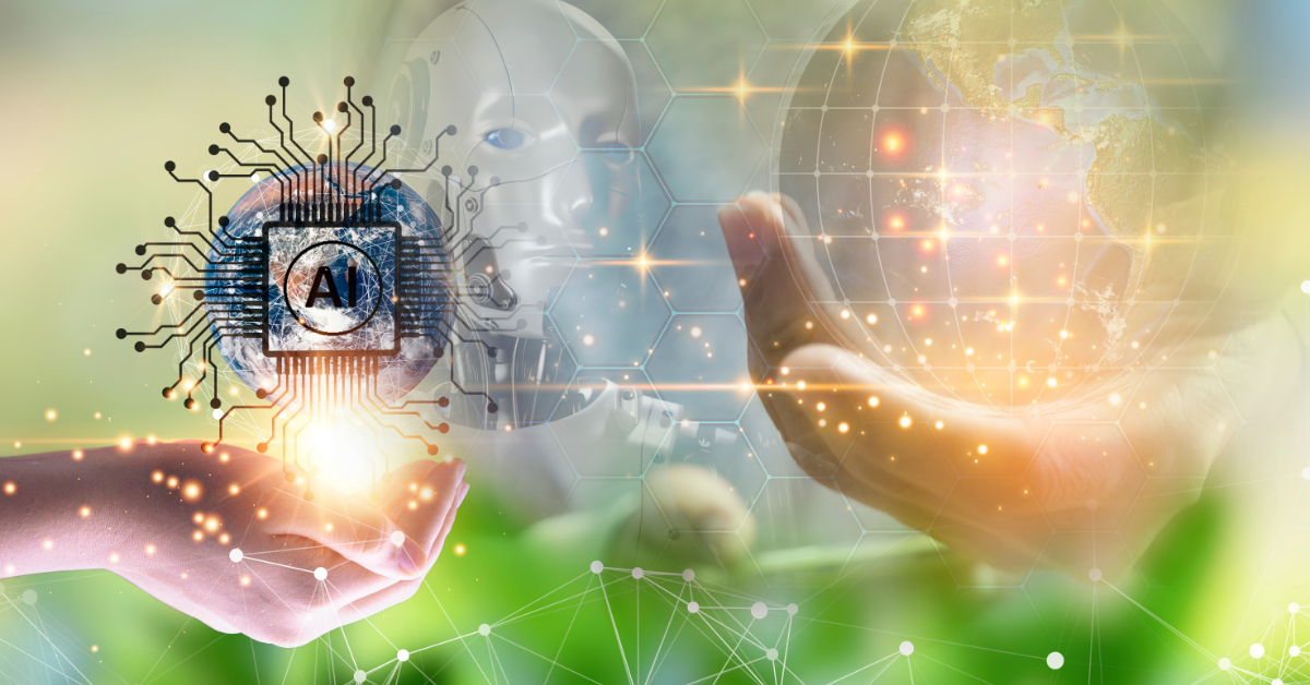 Two upturned palms, each holding a sphere studded with lights and electronic circuits on a background with connected networks.